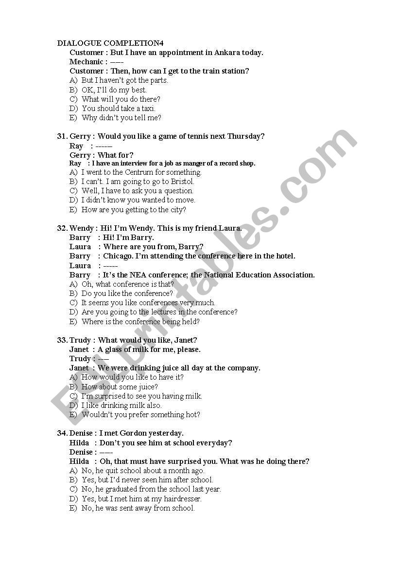 DIALOGUE COMPLETION PART 4 worksheet