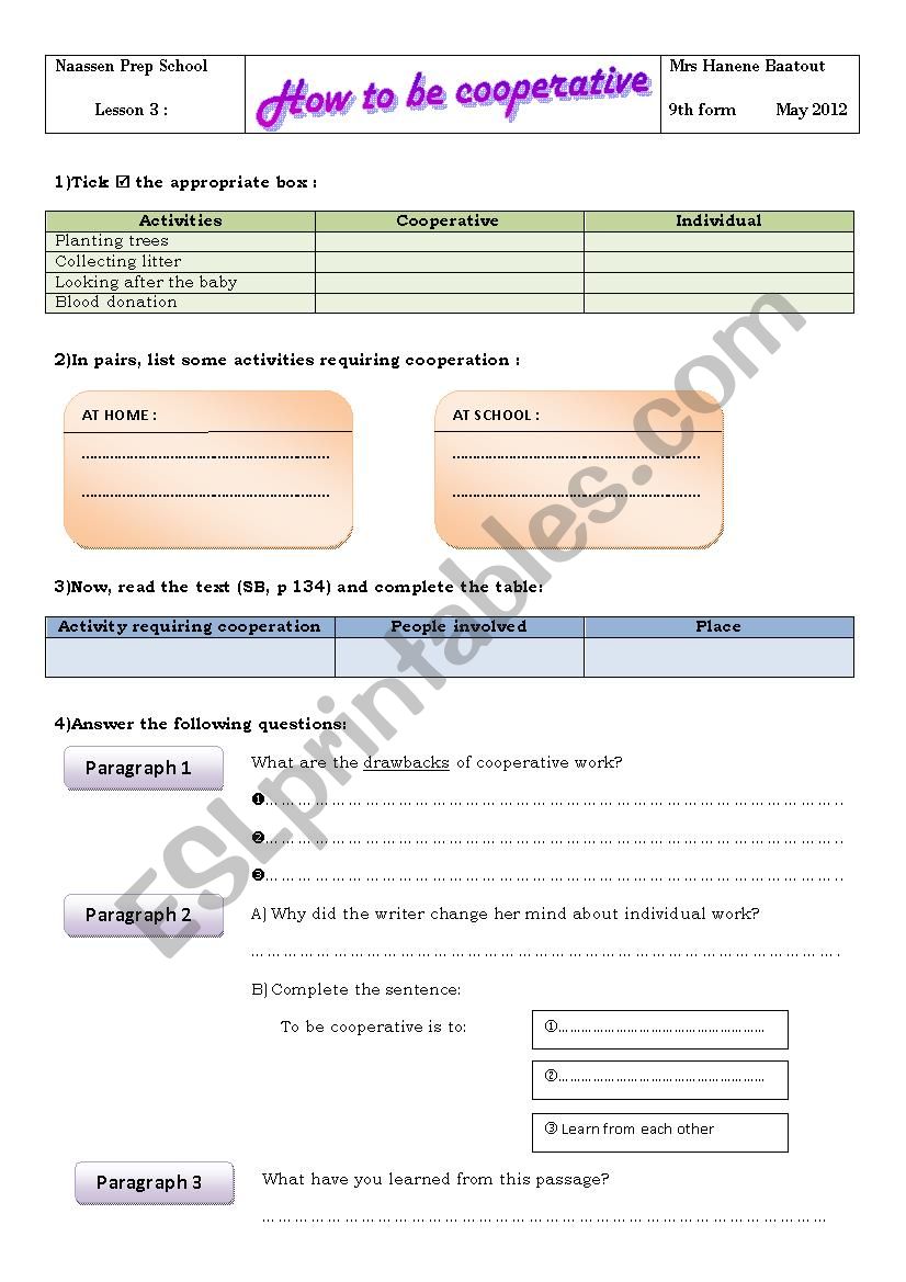 How to be cooperative worksheet