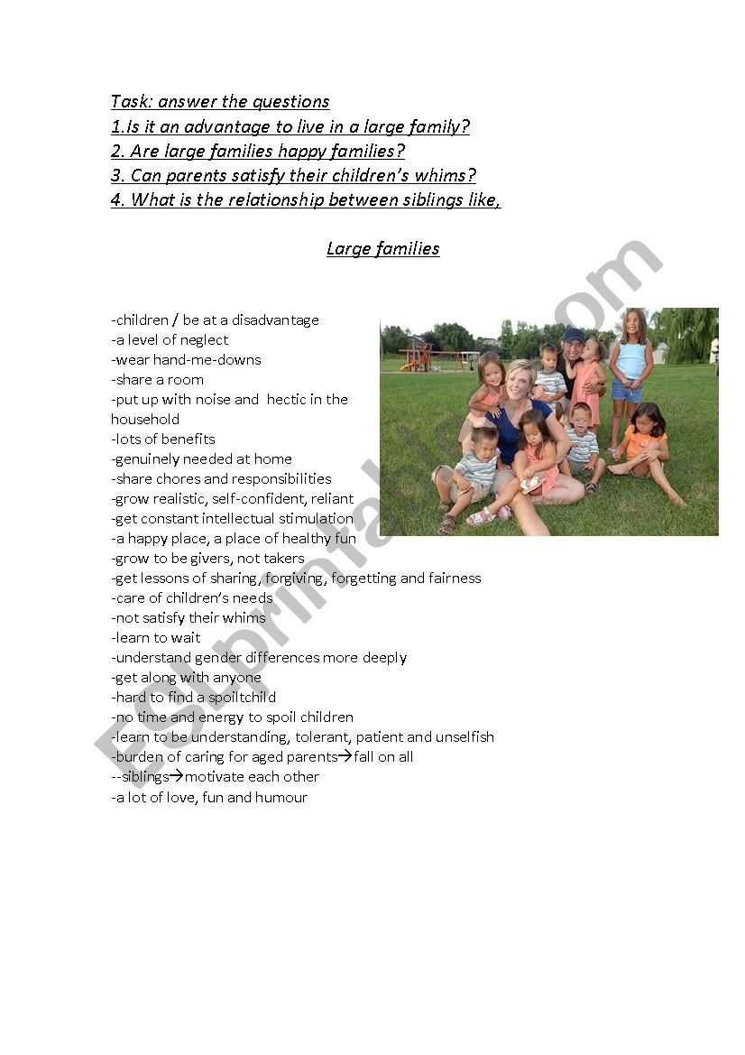 large families worksheet