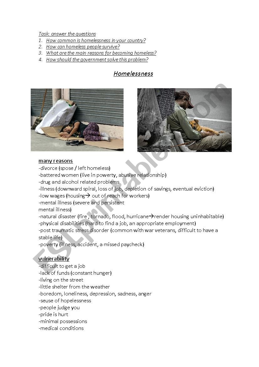 homelessness worksheet