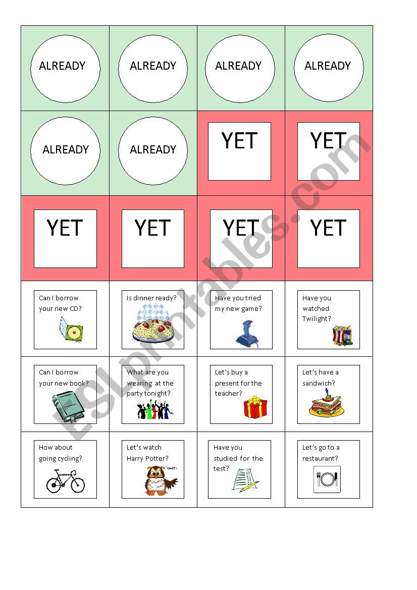 Yet Already Cards worksheet