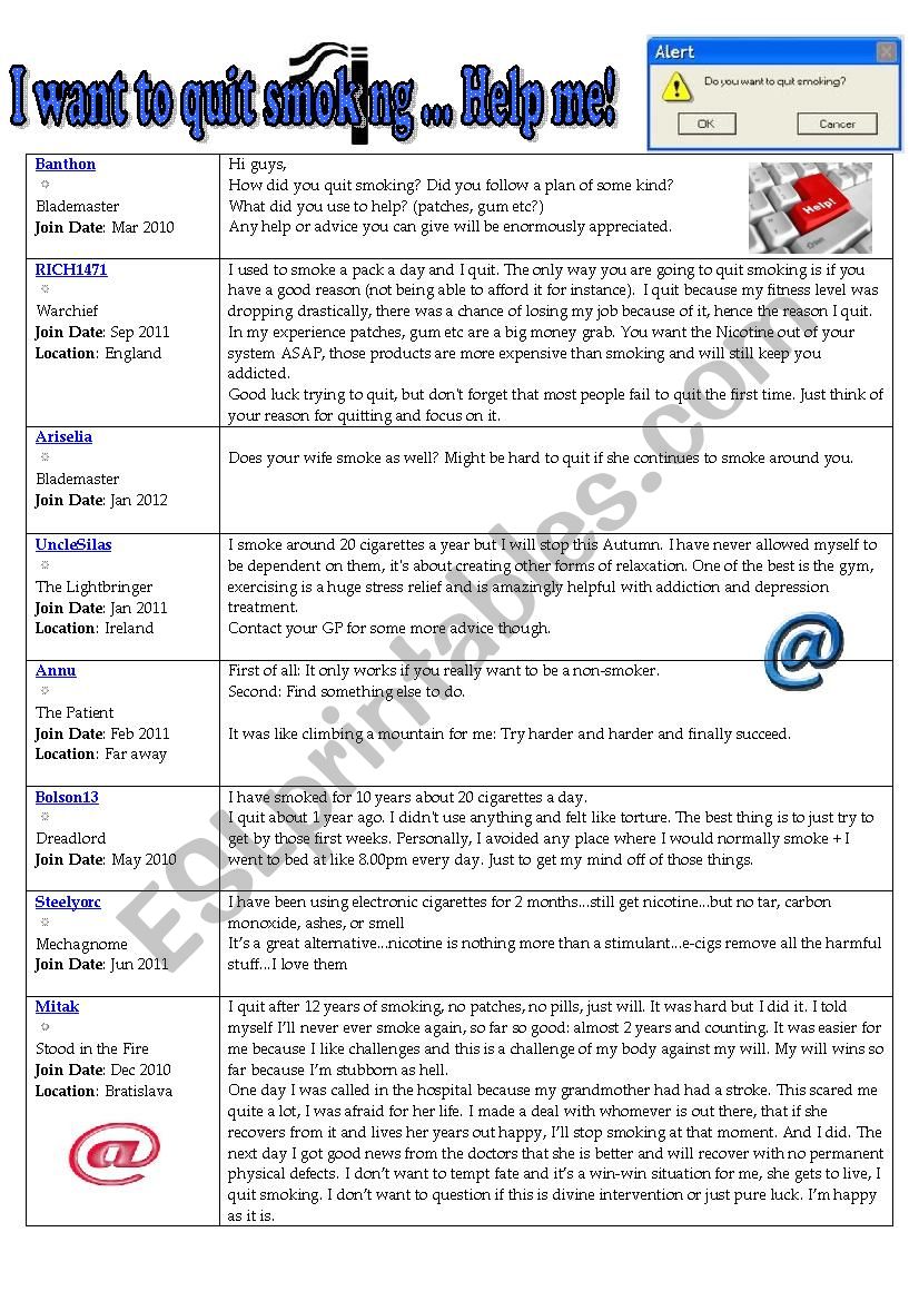 I want to quit smoking ... Help me! - Reading Comprehension (present perfect, for, ago, used to)