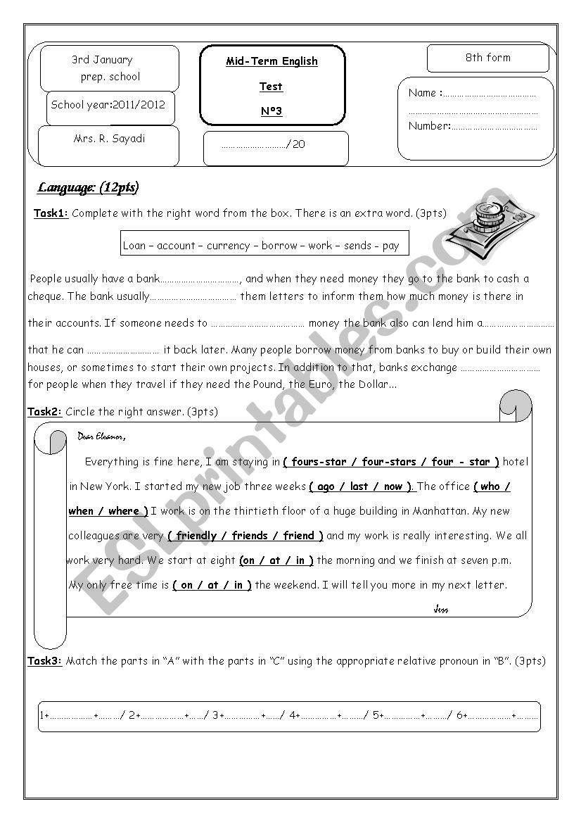 mid term test n3 8th form  worksheet