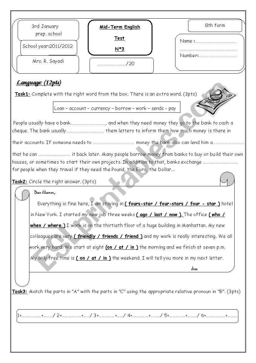mid term test nÂ°3 8th form  worksheet