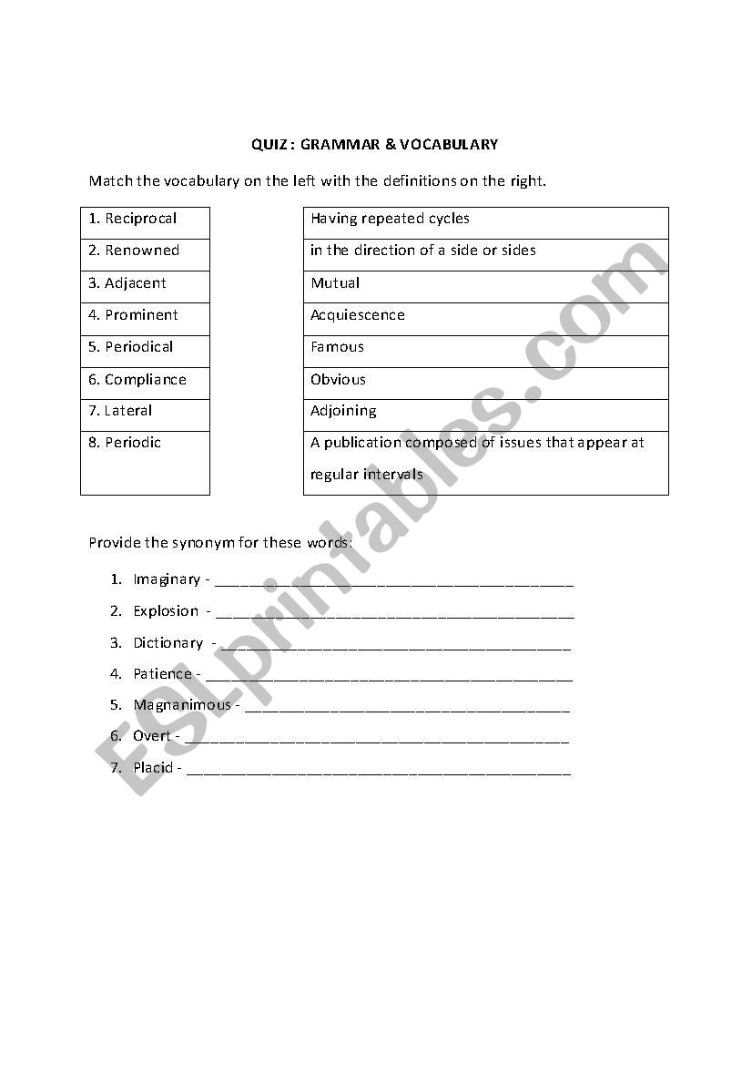 Quiz - Grammar & Vocabulary worksheet