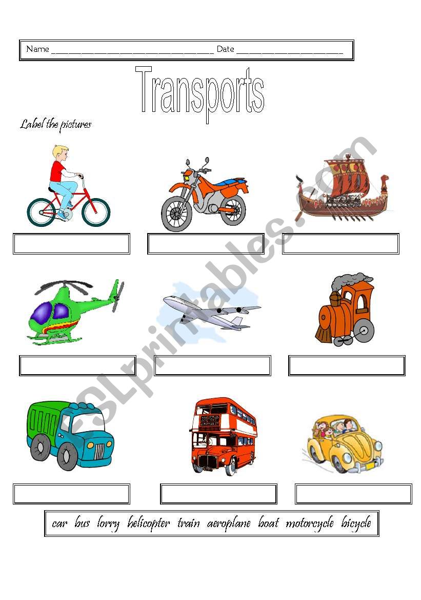 Transports-label pictures worksheet