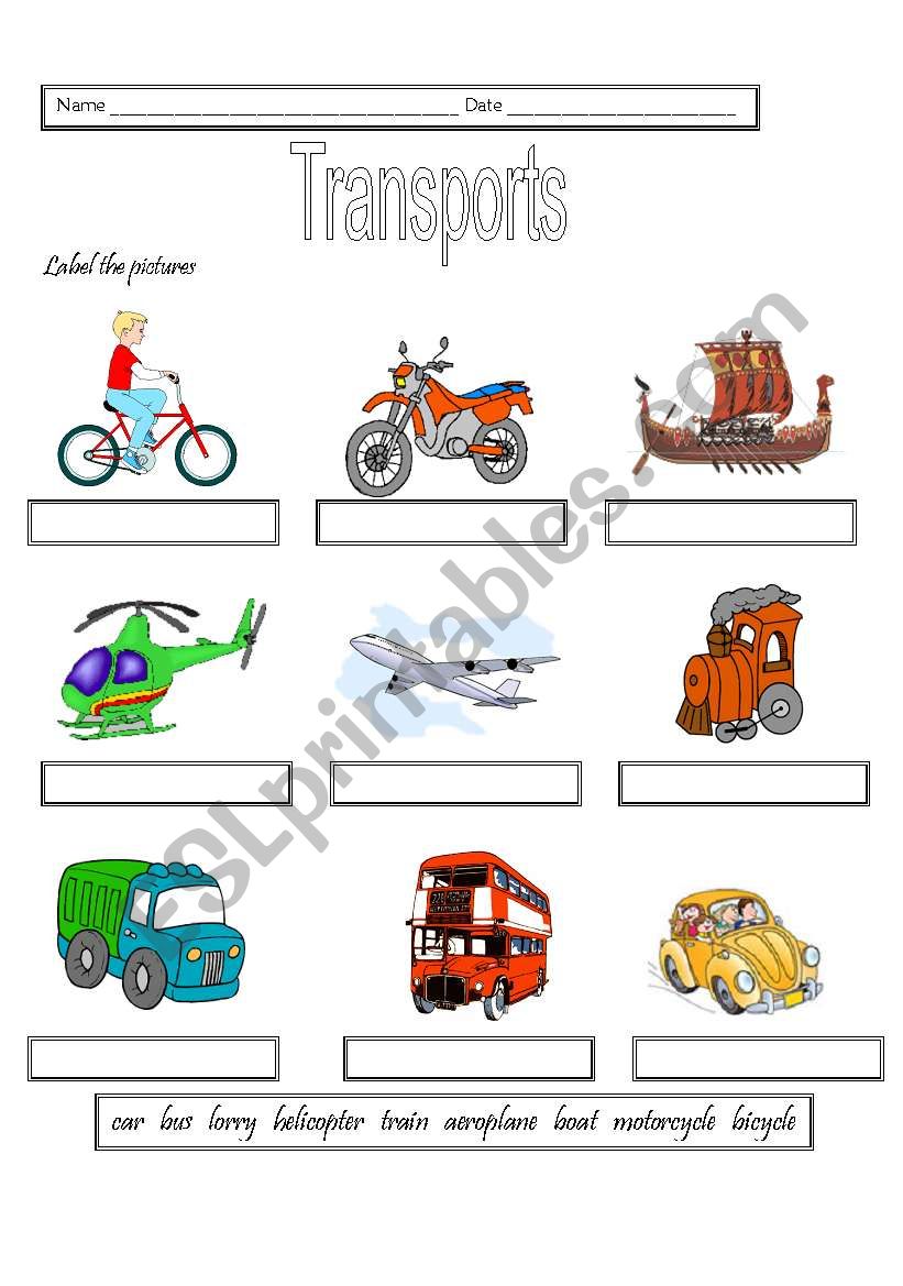 Transports-label pictures worksheet