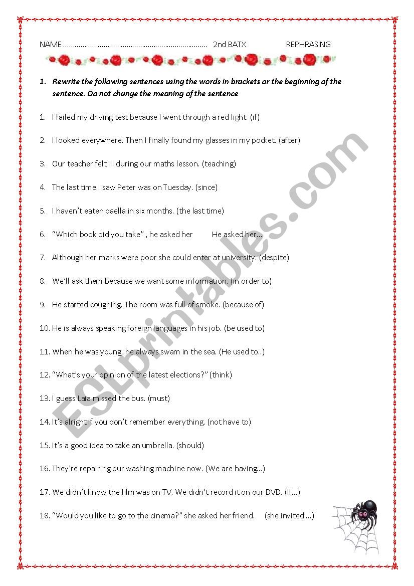 rephrasing test(B1) worksheet