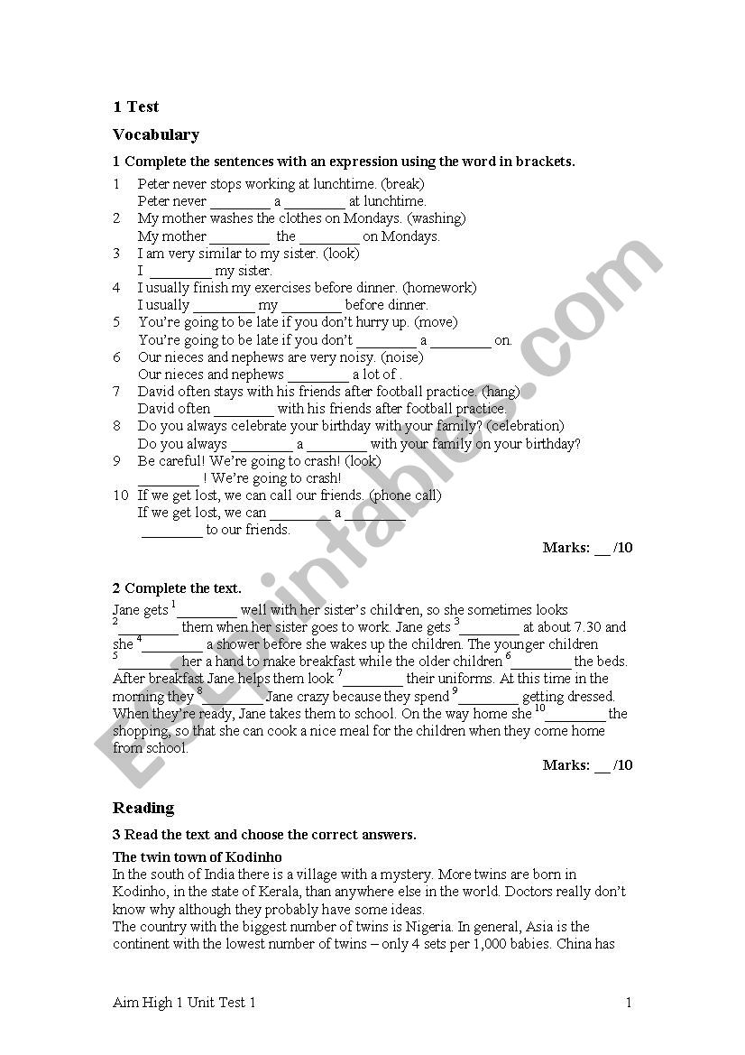 Vocabulary Test - ESL worksheet by canlipara