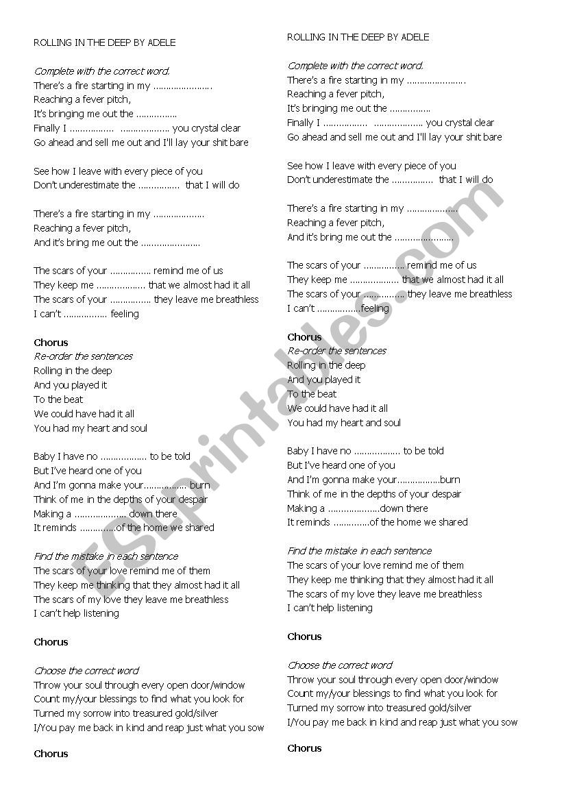 Rolling in the Deep by Adele worksheet