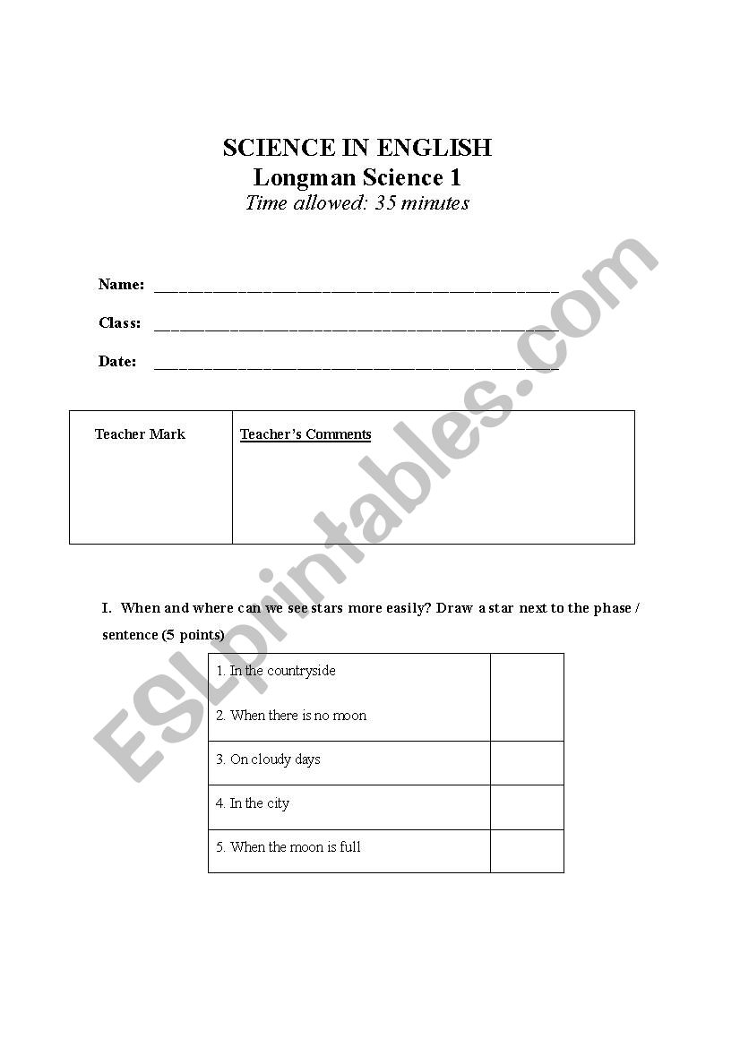 Science for kids - test worksheet