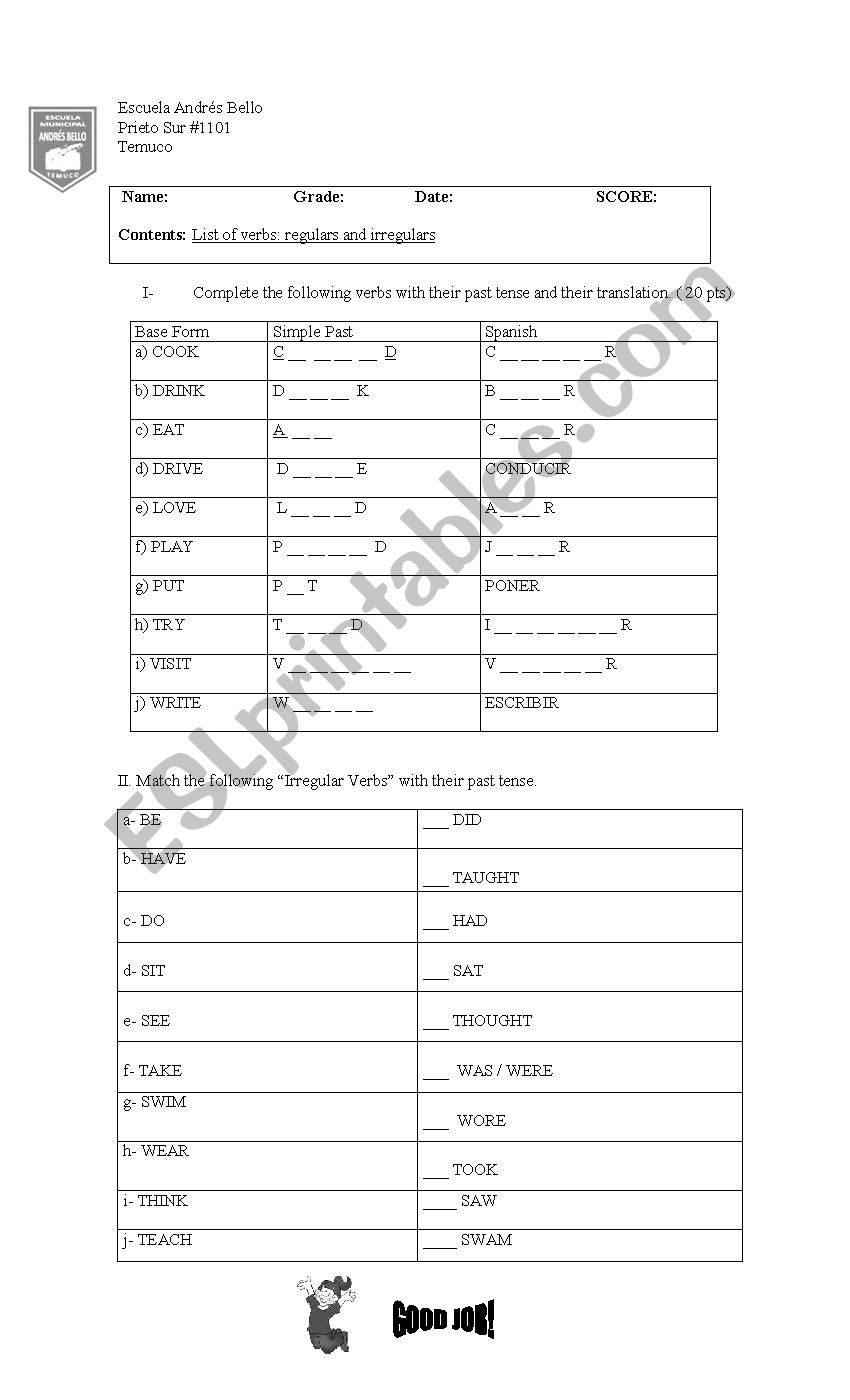 Verbs Test worksheet