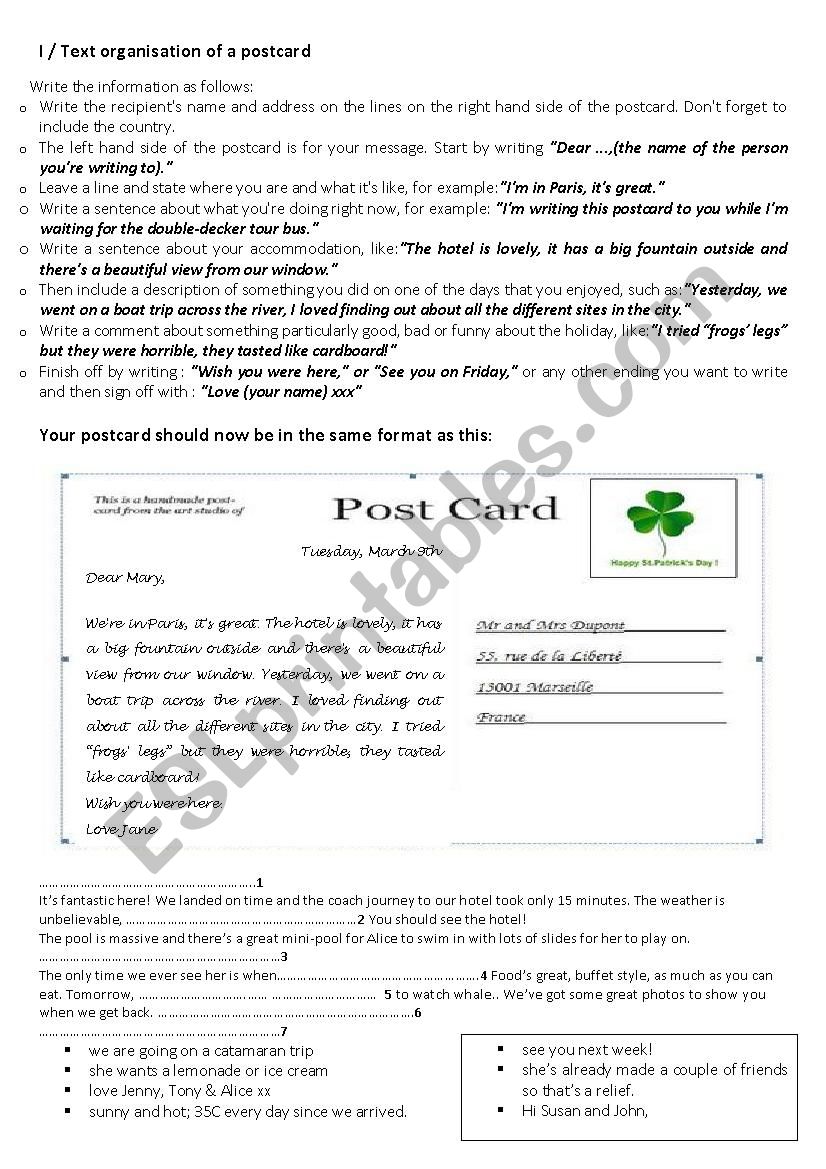 post card worksheet