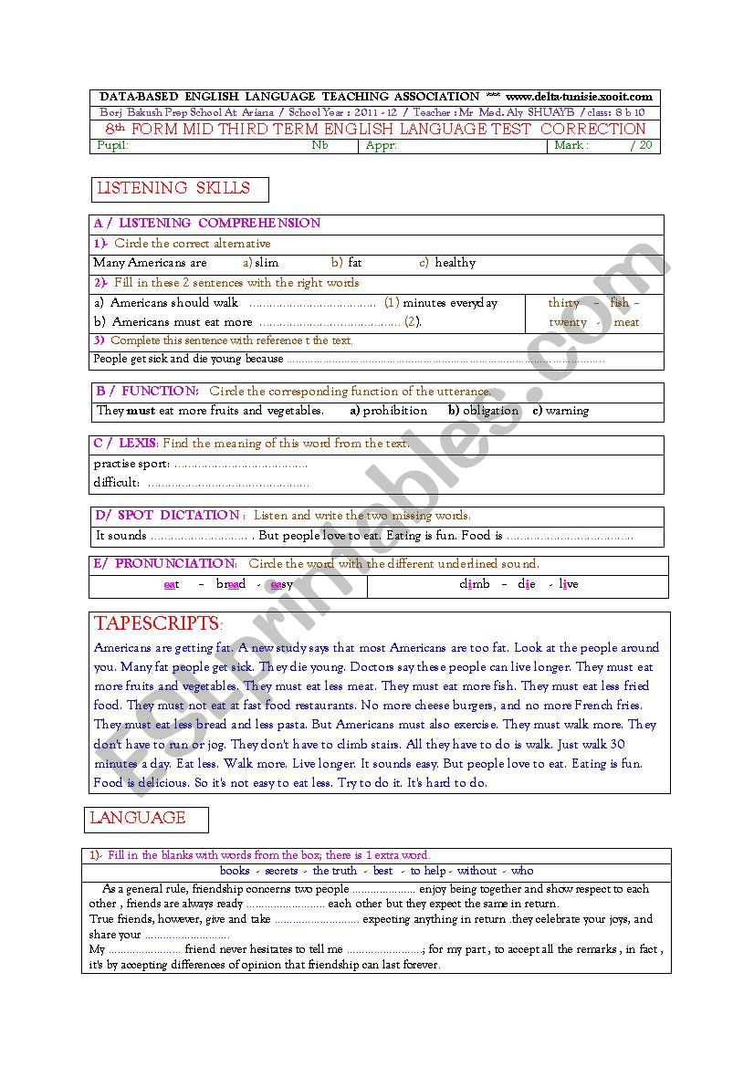 test 5 of 8th form with consolidation, tunisia 