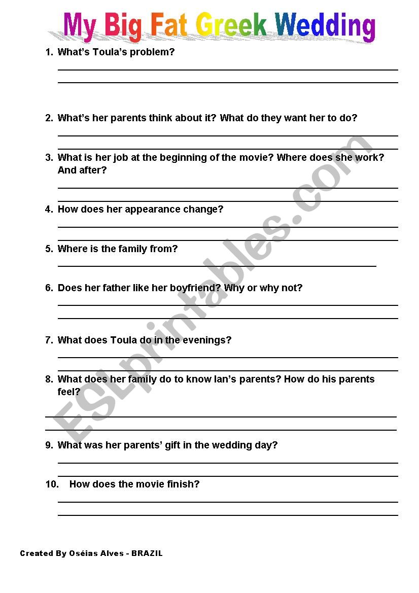 Worksheet about the FILM My big fat Greek wedding