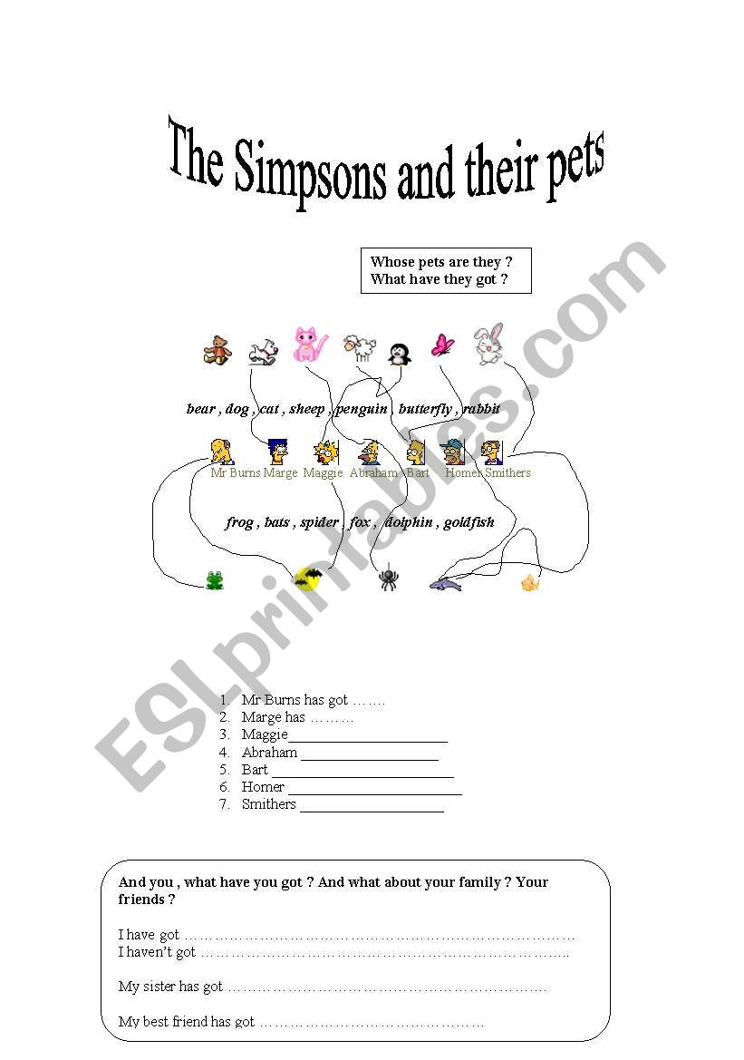the Simpsons and their pets worksheet
