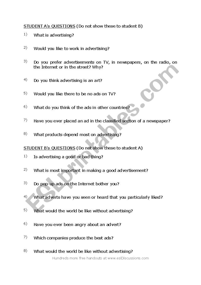 Advertising Questions worksheet
