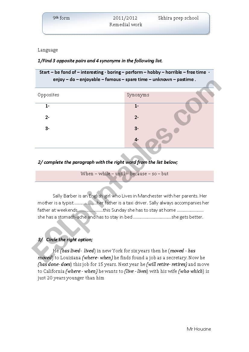 Remedial work grade 9 worksheet