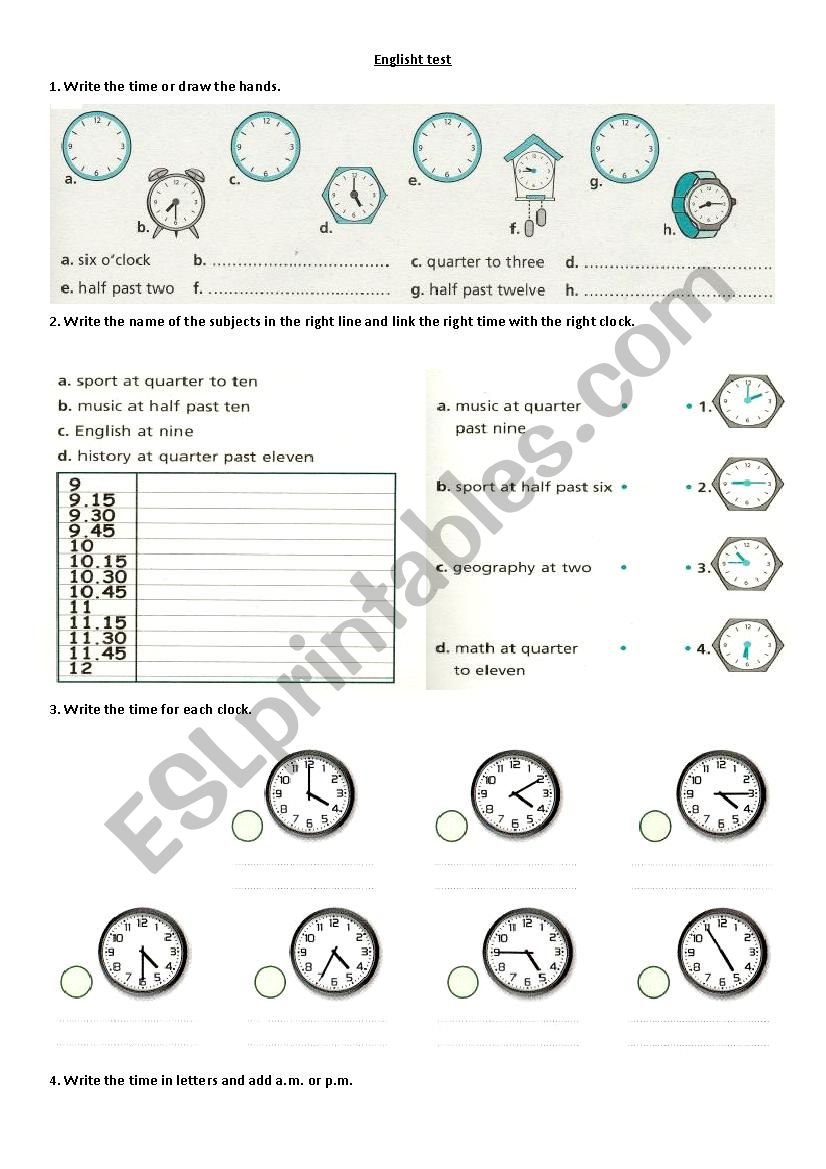 Test about time worksheet