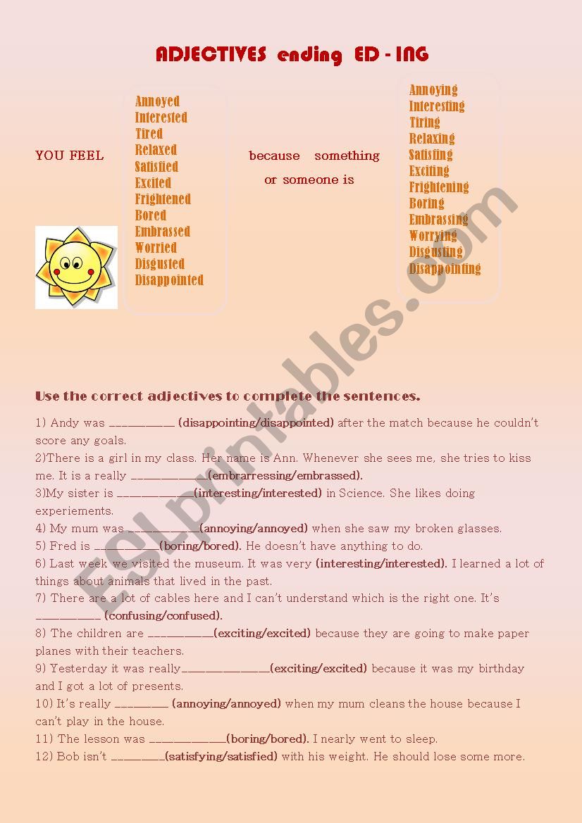 adjectives ending ed - ing worksheet