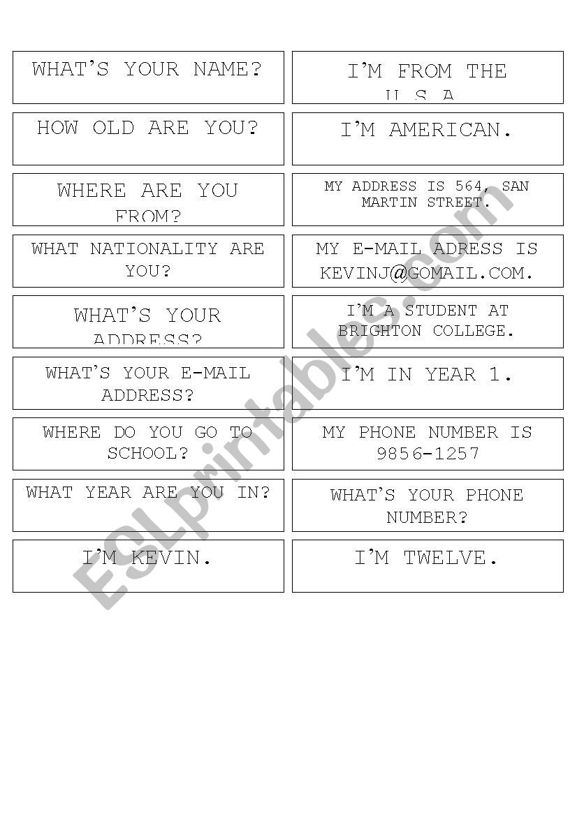 Personal Information game worksheet