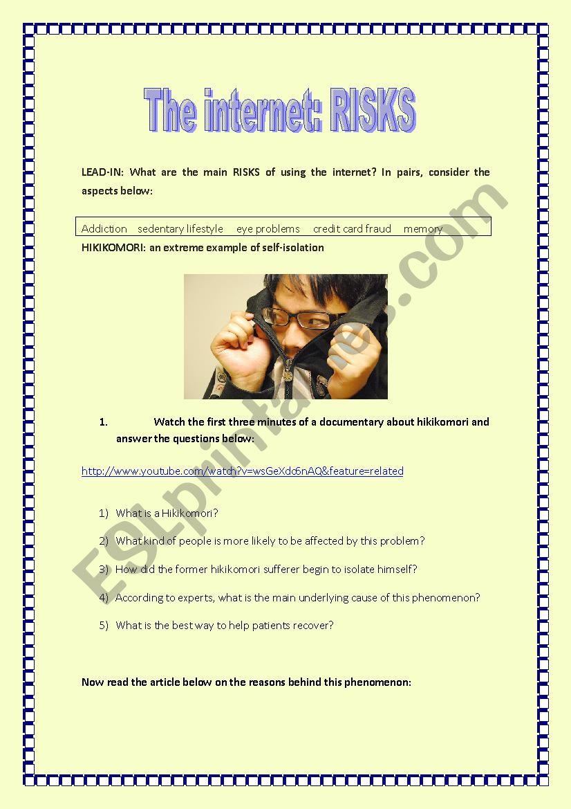 Internet risks: hikikomori worksheet