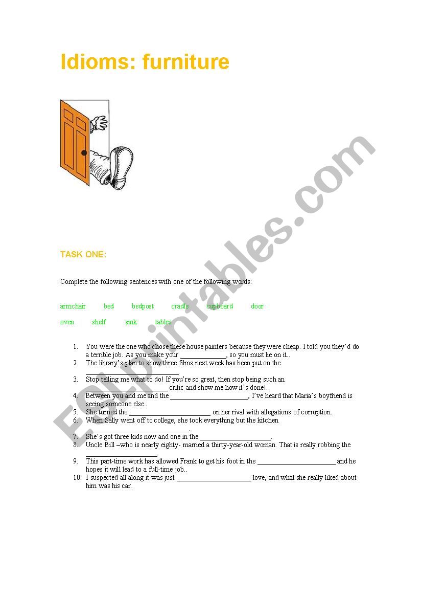 Idioms. furniture worksheet