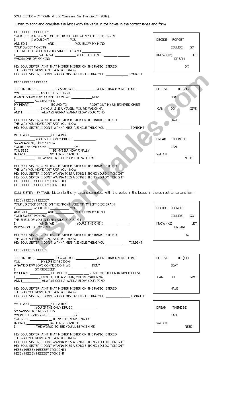 Song - SOUL SISTER BY TRAIN worksheet