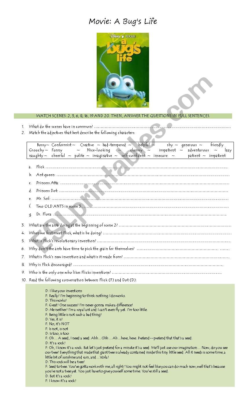 A Bugs Life Movie Worksheet worksheet