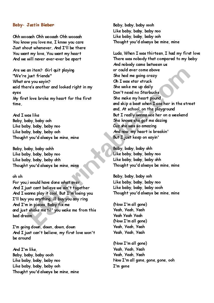 Justin Bieber- Baby worksheet