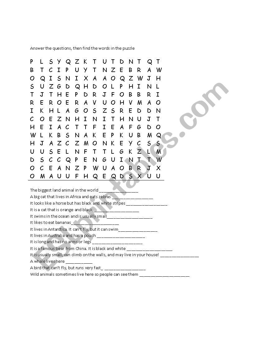 Wild Animal Word Search worksheet