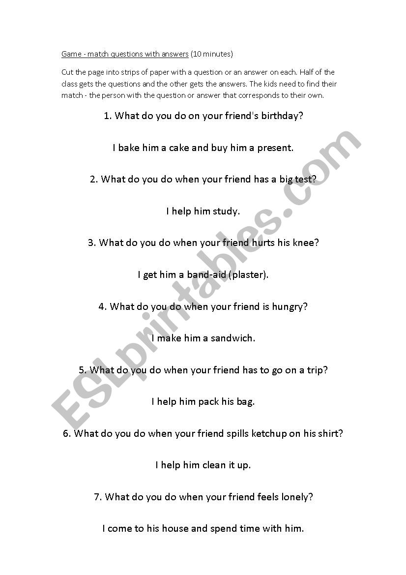 Q&A Game worksheet