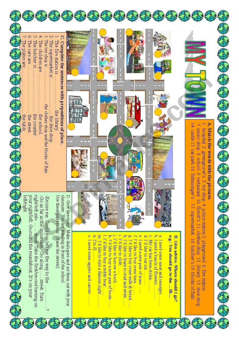 MY TOWN - a map, buildings, prepositions of place, giving directions