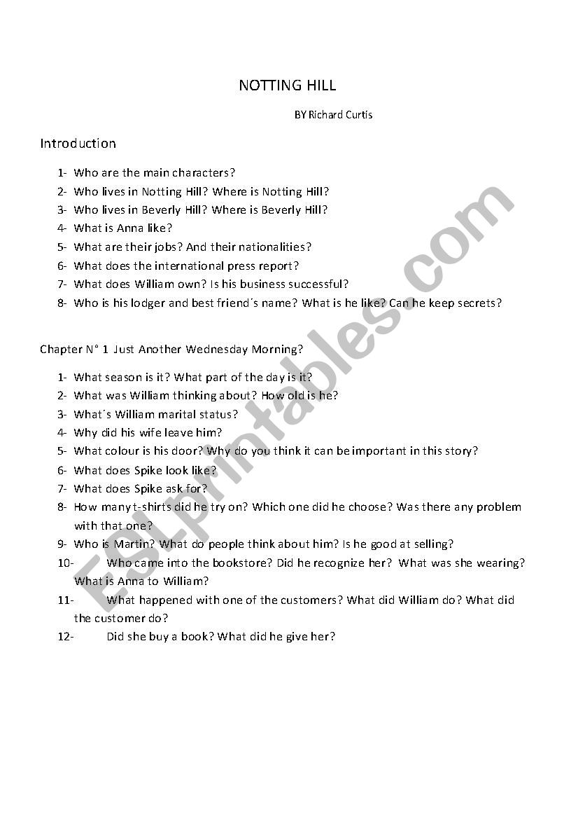 Notting hill questionaire worksheet