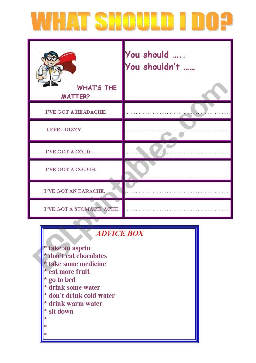 Giving advice for ilnesses worksheet