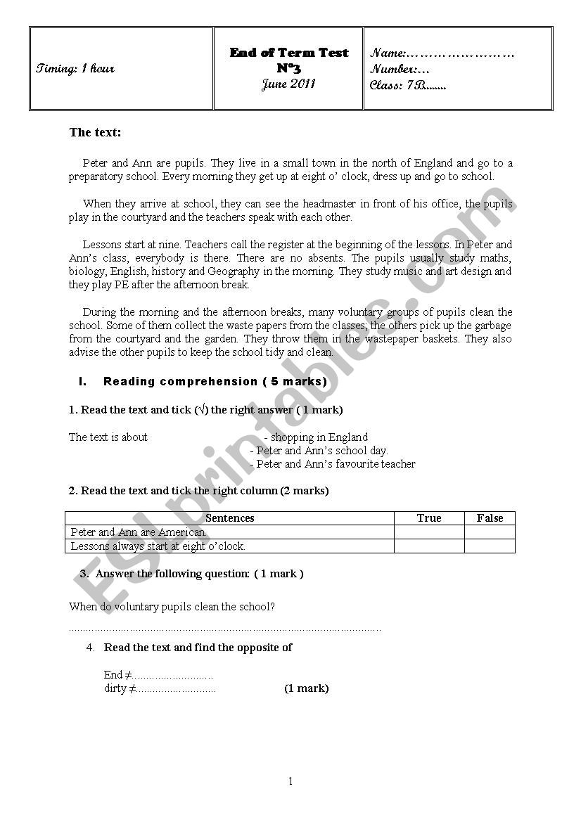 end of term test 3 7th form worksheet