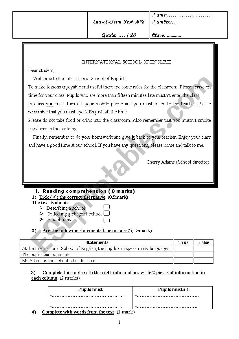 end of term test 3  7th form worksheet