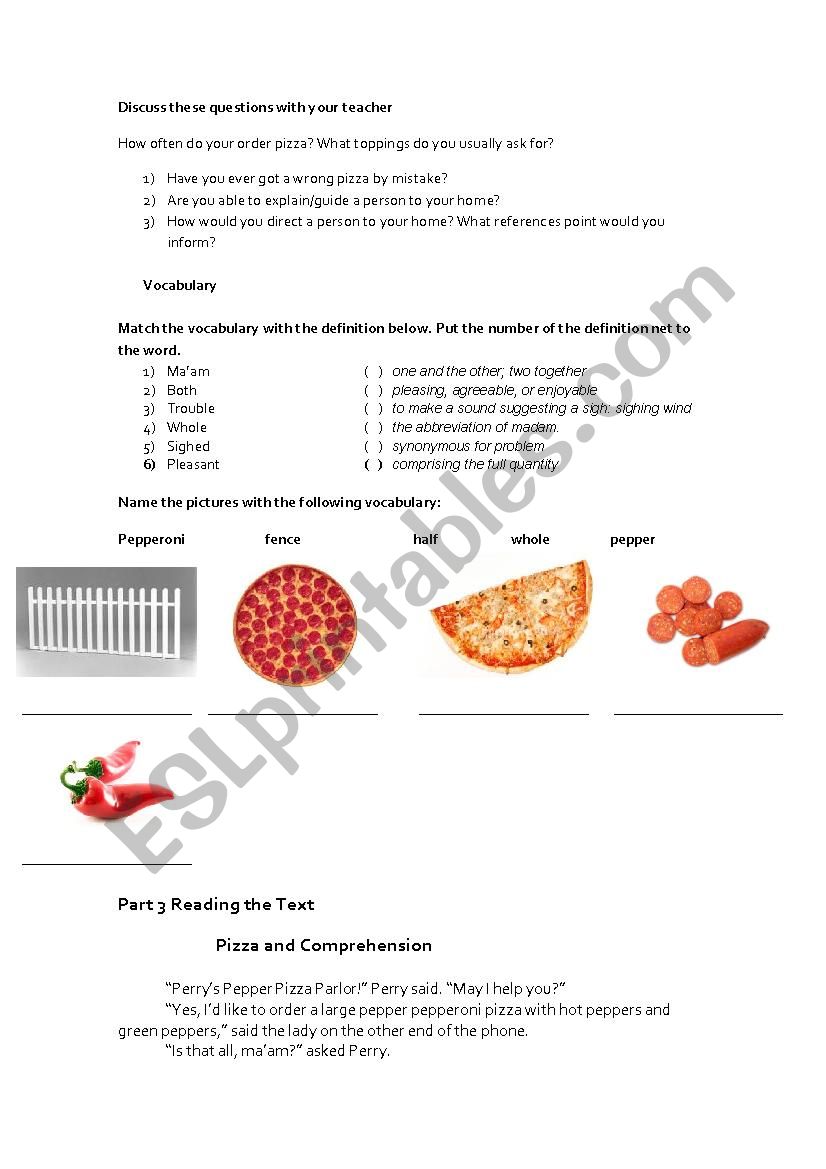 Pizza and Comprehension! worksheet
