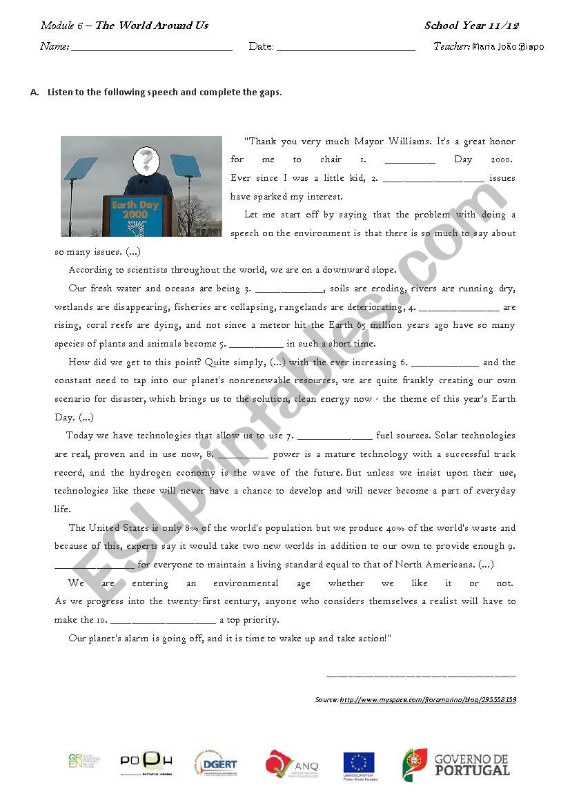 EarthÂ´s Day speech worksheet