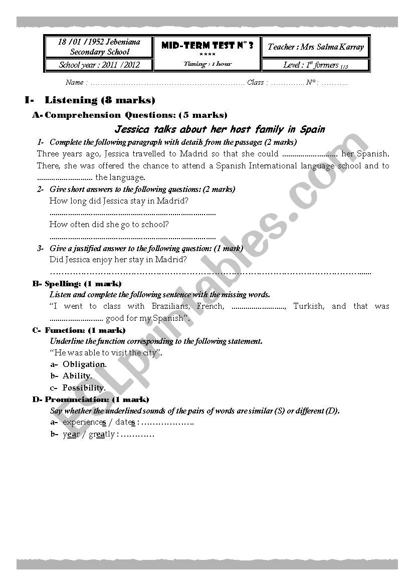Mid-term test NÂ°3 worksheet