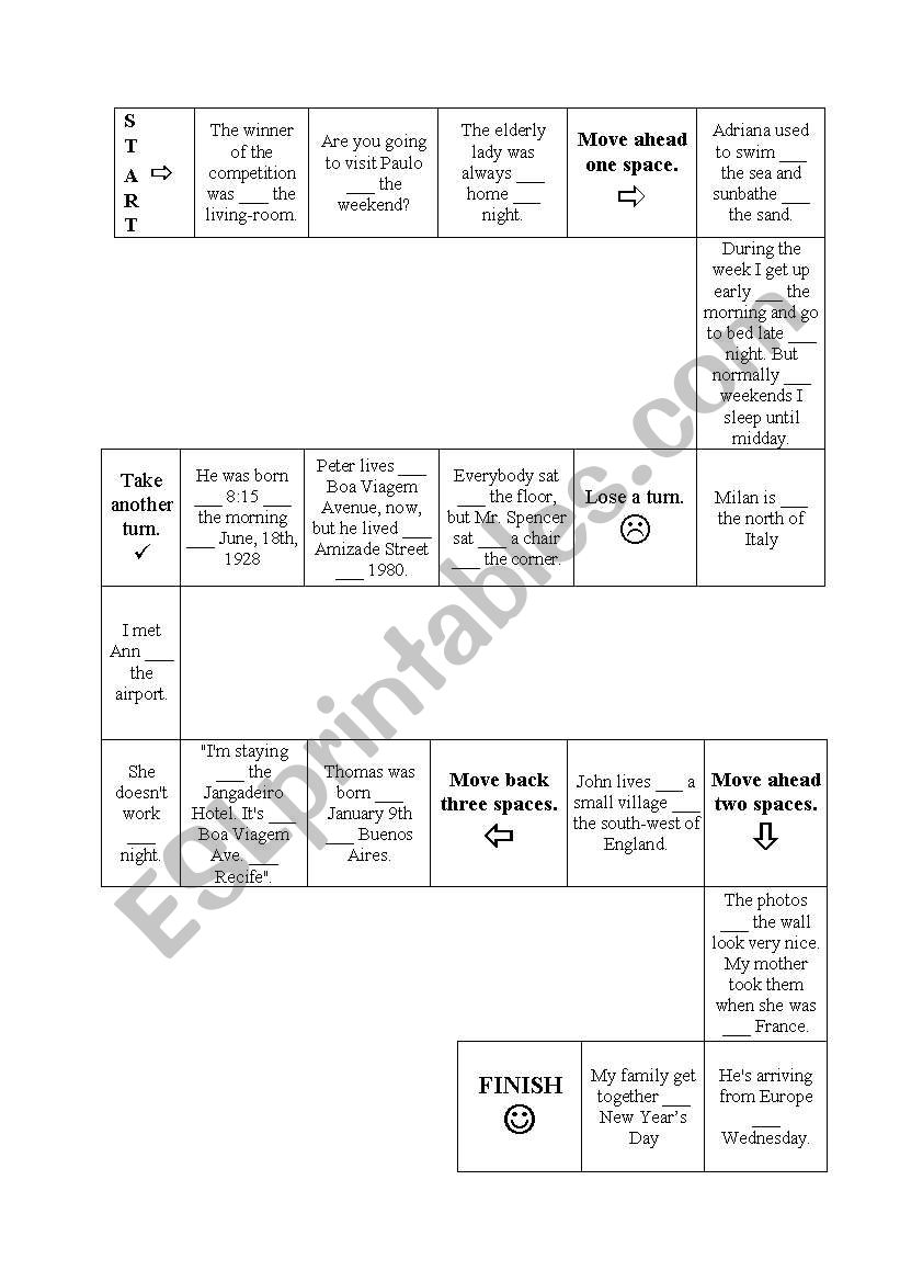 Prepositions game worksheet