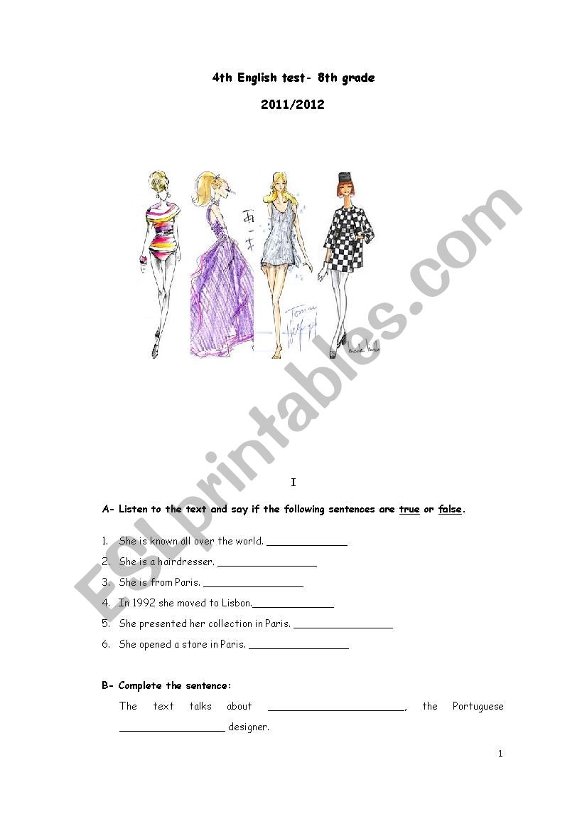 English test 8th grade (Fashion) - ESL worksheet by isam