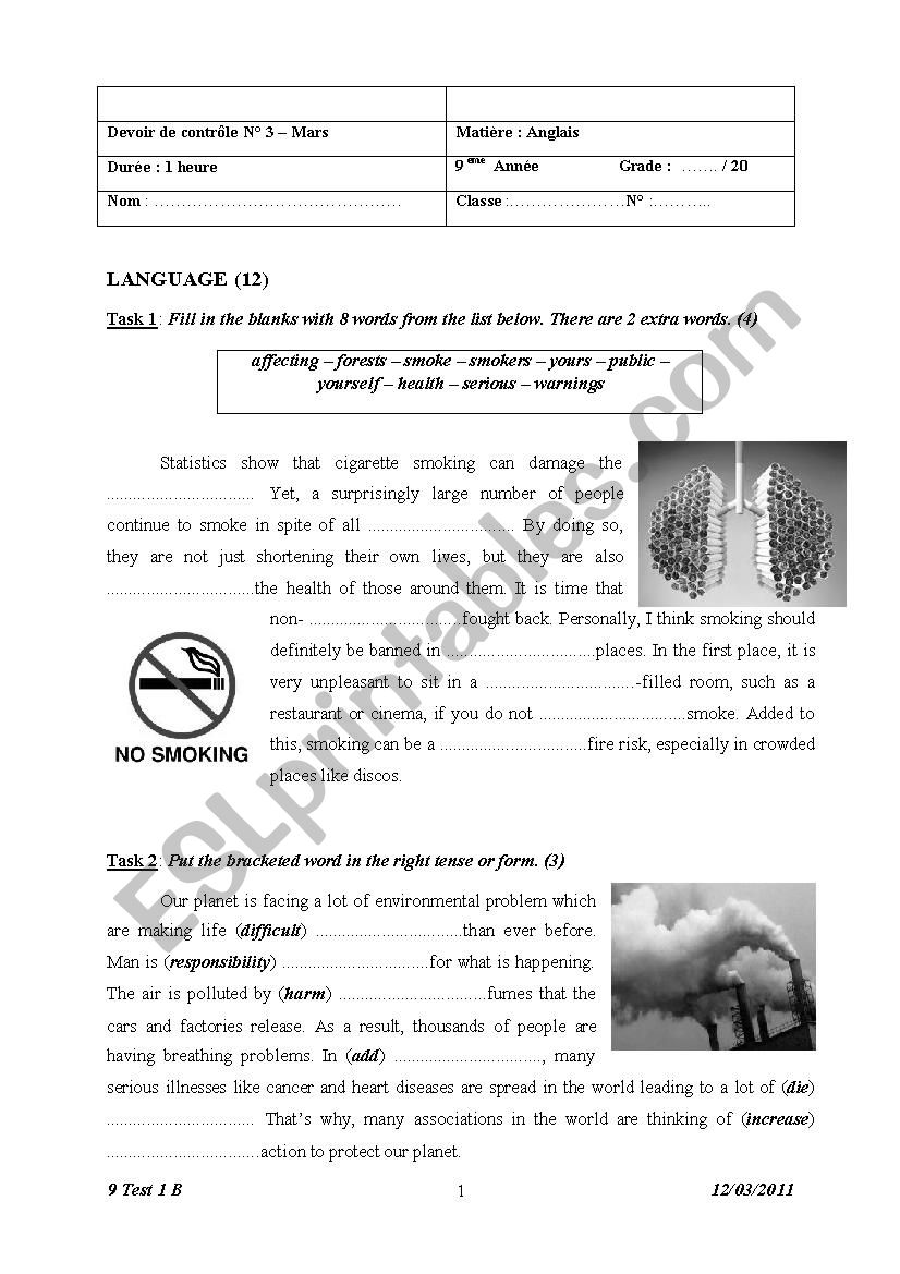 9 th Form Test 3 B worksheet