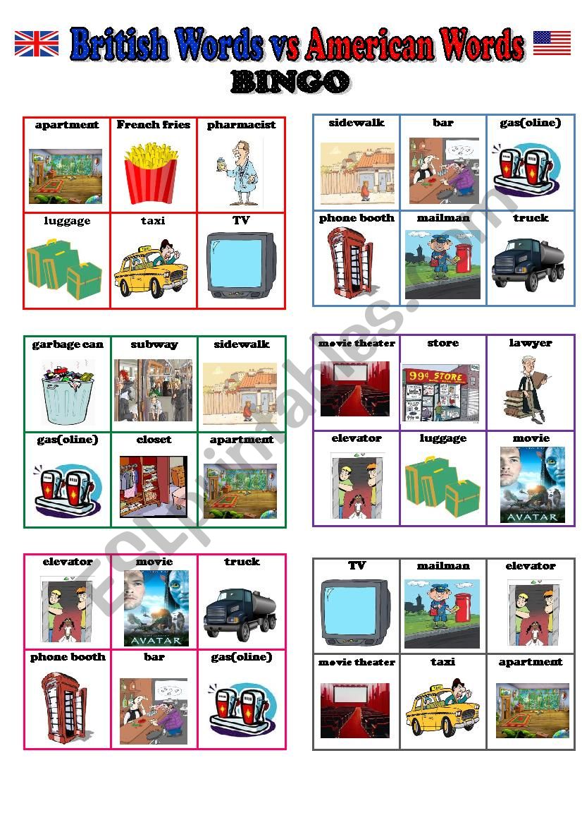 BINGO (British English vs American English) - 24 different cards