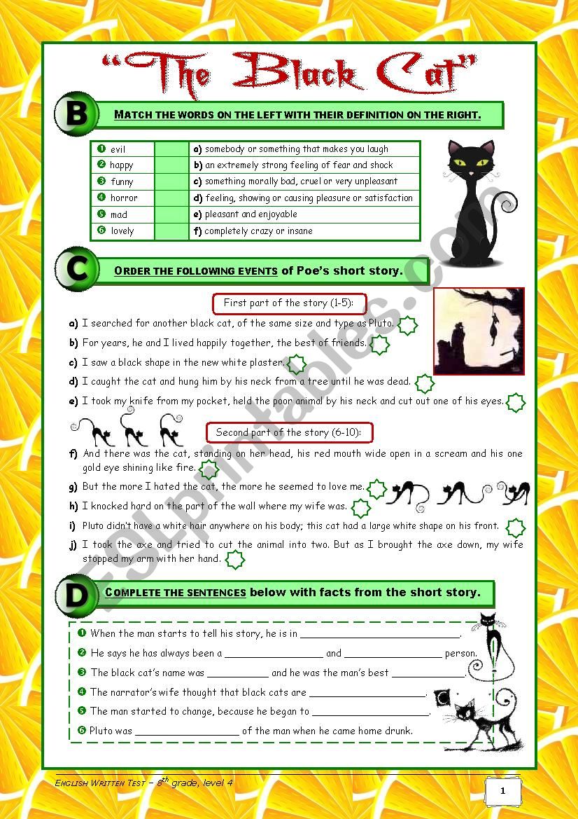 TEST The Black Cat + Food + At a Restaurant (8th grade) 2/2 + correction