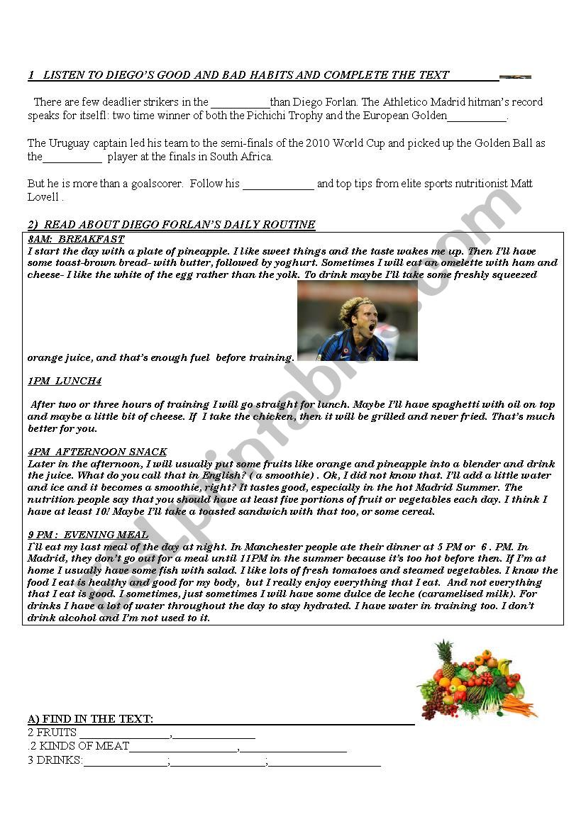 HEALTHY HABITS DIEGO FORLAN worksheet