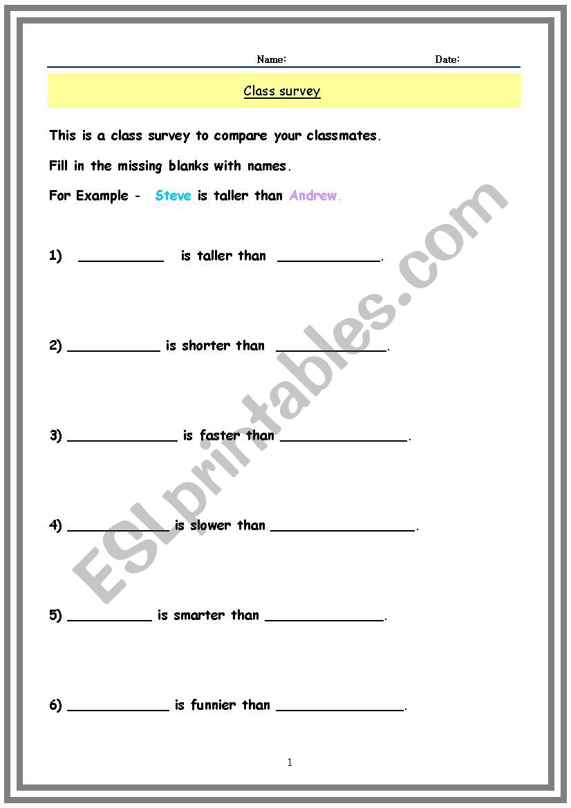 Comparing your classmates worksheet