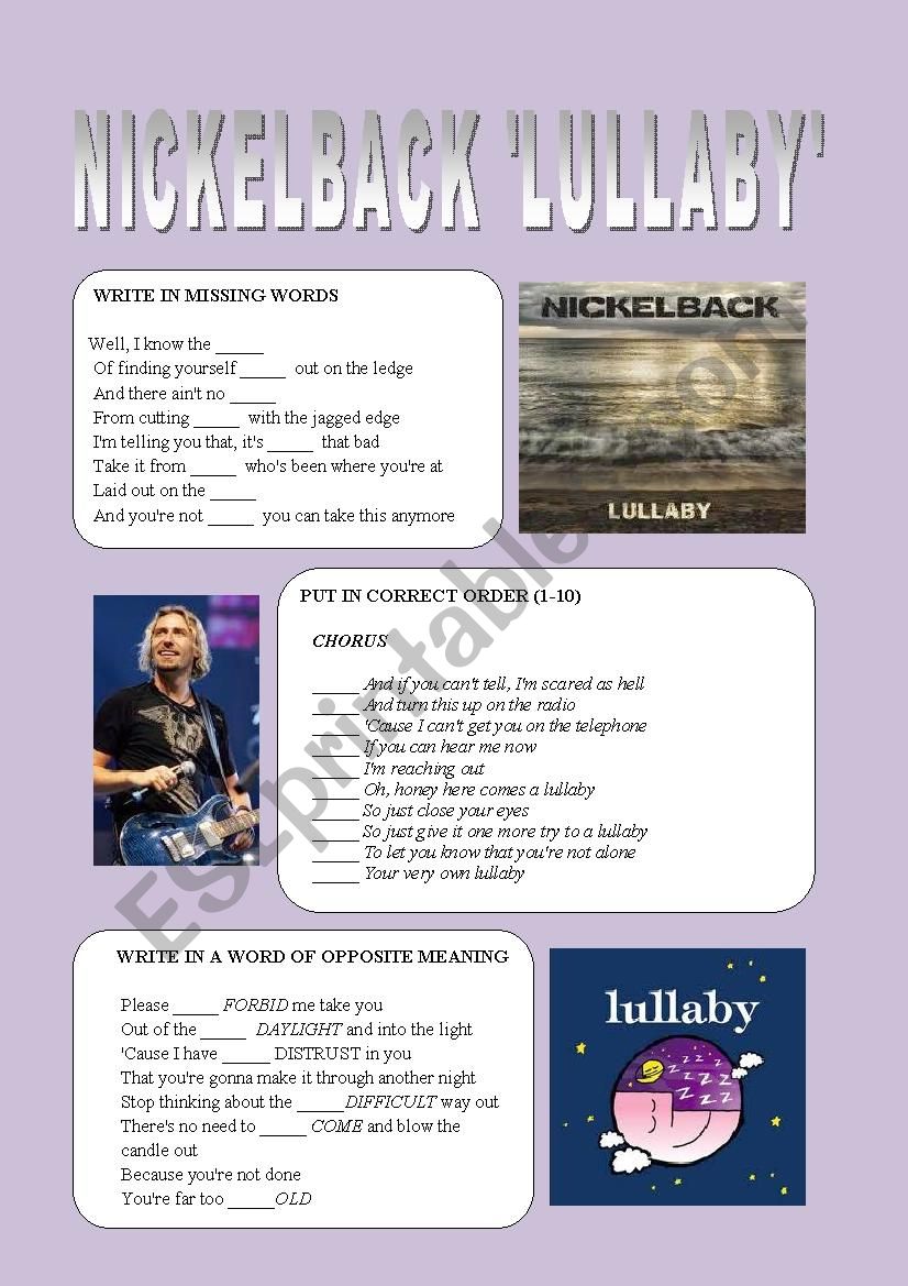 Nickelback Lullaby worksheet