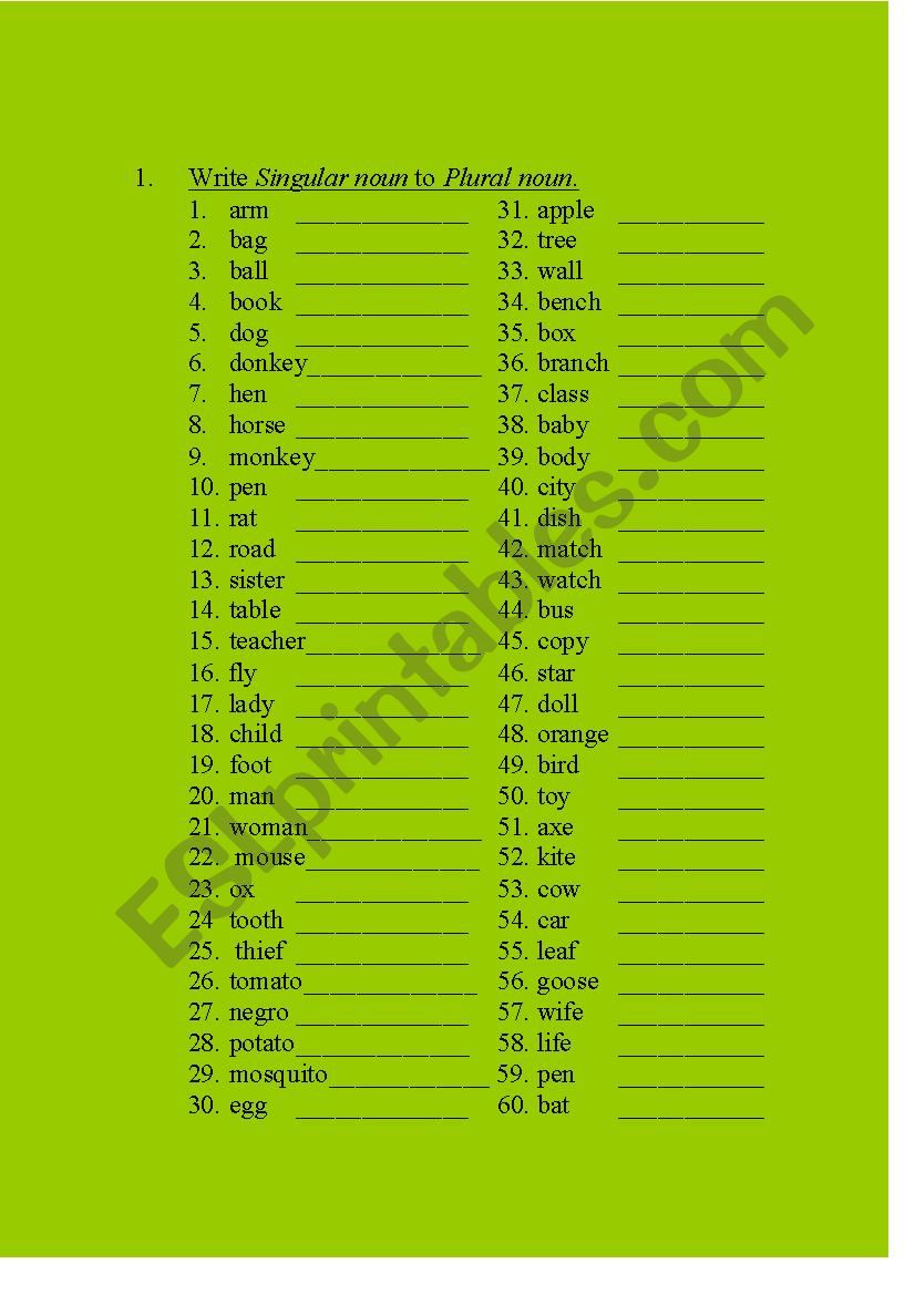 Singular to Plural exercise worksheet