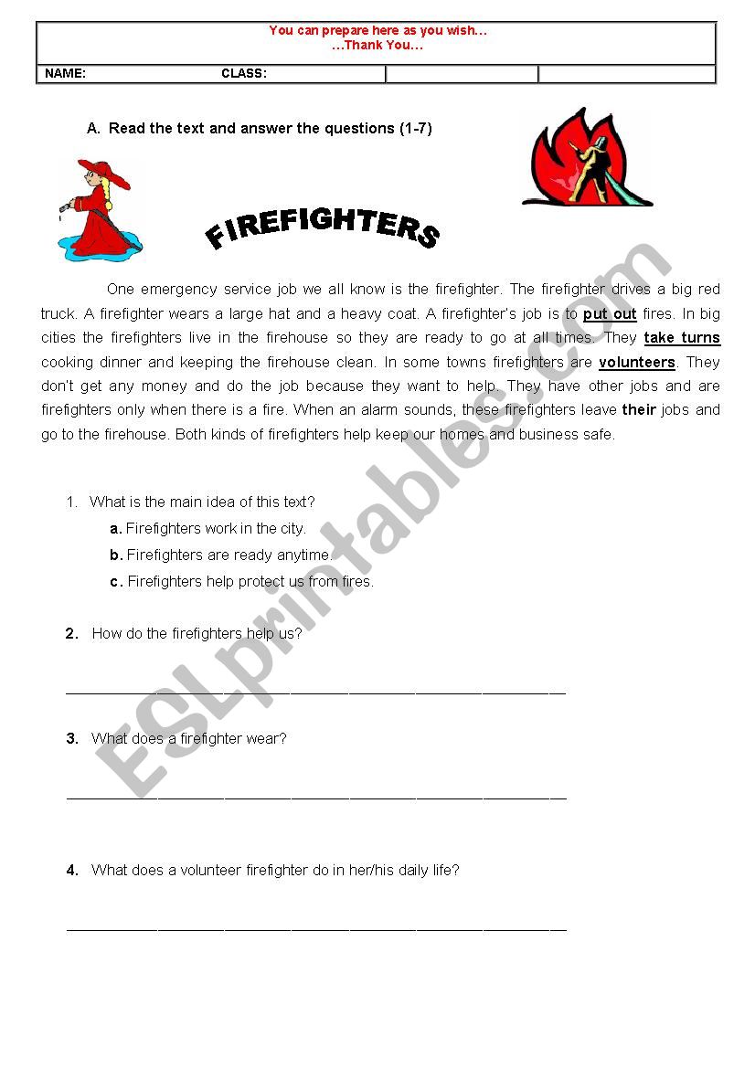Reading Firefighters worksheet